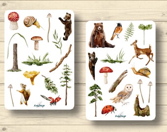 Sticker Set Autumn Animals Mushrooms Plants Bears Deer Snails Trees Stickers Planner Stickers, Scrapbook Stickers
