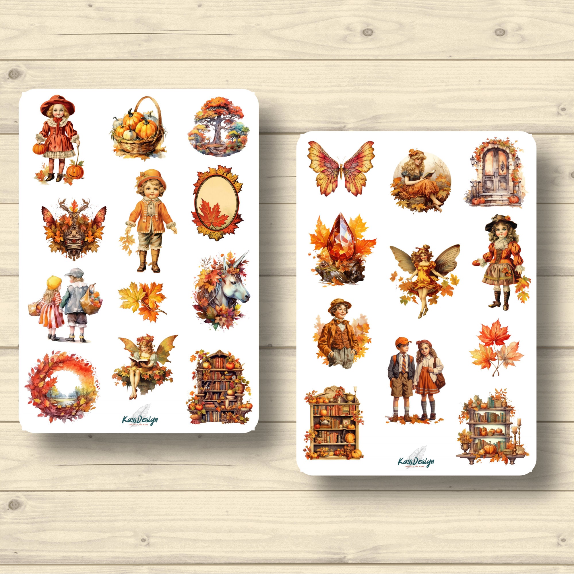 Sticker Set Autumn Vintage Children Elves Unicorn Bookshelves