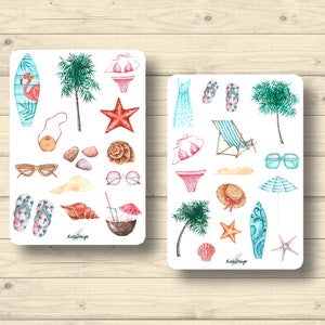 Conjunto de pegatinas, playa, vacaciones, verano, mar, palmeras, bikini, pegatinas planificador de pegatinas, lindas pegatinas de scrapbooking