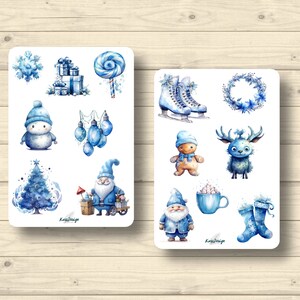 Ensemble d’autocollants Noël bleu Père Noël patins à glace sapin bleu bonhomme en pain d’épice, autocollants planificateur autocollants, autocollants scrapbooking mignons