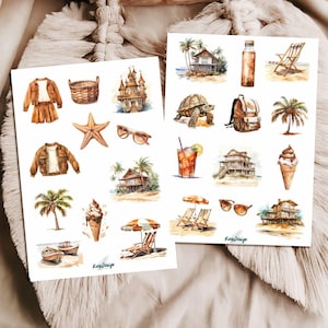 Conjunto de adesivos de praia tropical – Palmeiras, casa de praia, sorvete, espreguiçadeira, óculos de sol e motivos de férias de verão | Adesivos de verão na praia