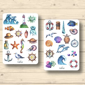 Sticker Set Meerestiere Ozean maritim Fische Wellen Leuchtturm Anker, Aufkleber Planner Stickers, cute Scrapbooking Stickers