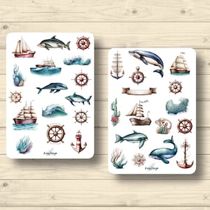 Stickerset maritieme zee dolfijn walvis zeilschip golven anker stuurwiel stickers planner stickers, plakboekstickers