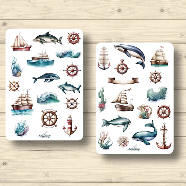 Sticker Set Maritime Sea Dolphin Whale Sailing Ship Waves Anchor Steering Wheel Stickers Planner Stickers, Scrapbook Stickers