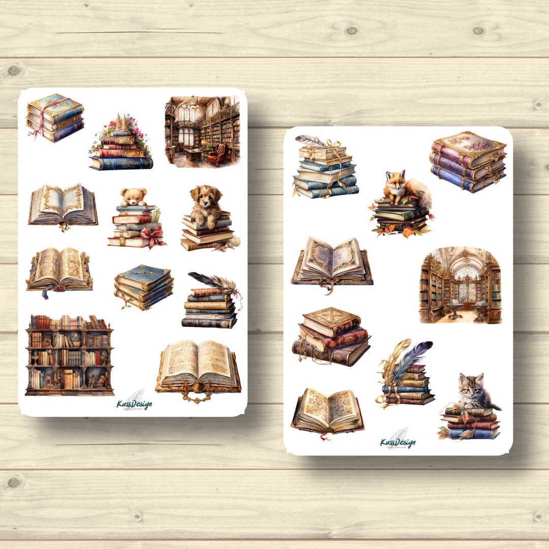 Sticker Set Books Vintage Victorian Library Reading Bookshelf, Stickers