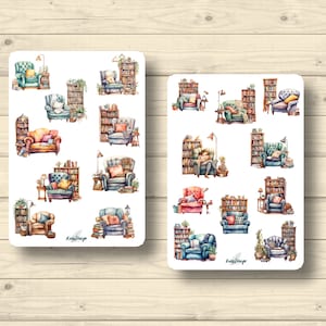 Set adesivi libri scaffali angolo lettura lettura comodamente a casa sala lettura hobby, adesivi adesivi planner, simpatici adesivi scrapbooking