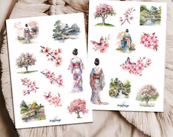 Cherry Blossom Japan Sticker Set – Sakura, Geisha, Japanese Garden, Asian Spring, Cherry Blossom, Pastel Planner Stickers