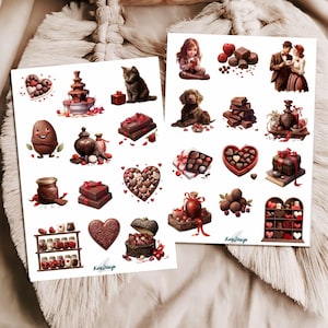 May include: Two sheets of stickers featuring various chocolate-themed illustrations. Designs include chocolate fountains, boxes of chocolates, heart-shaped candies, and a chocolate egg character. The stickers are in shades of brown, red, and white.