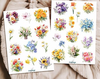 Colorful Flower Sticker Set – 2 sheets with watercolor wildflowers, floral bouquets, botanical flower stickers