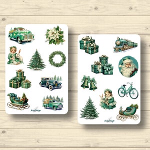 Sticker Set Weihnachten in grün vintage Weihnachtsmann Geschenke Tannenbaum, Aufkleber Planner Stickers, cute Scrapbooking Stickers