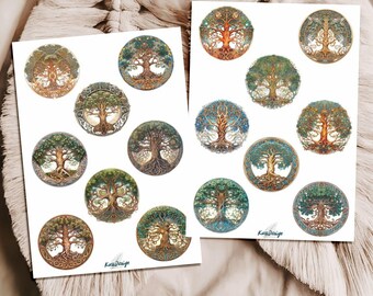 Tree of Life Sticker Set – 2 sheets with watercolor Tree of Life, Celtic mandala motifs & spiritual nature symbols