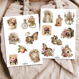Juego de pegatinas florales vintage: 2 láminas con rosas en acuarela, mariposas, bicicleta, cámara, reloj y motivos shabby chic.