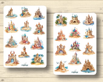 Sticker Set Beach Castles Sandcastles Summer Sea Beach Holiday, Stickers Planner Stickers, cute Scrapbooking Stickers