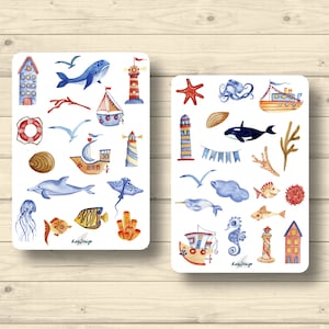 Sticker Set Meerestiere See Urlaub Sommer Wal Schiffe Delfin Leuchtturm, Aufkleber Planner Stickers, cute Scrapbooking Stickers