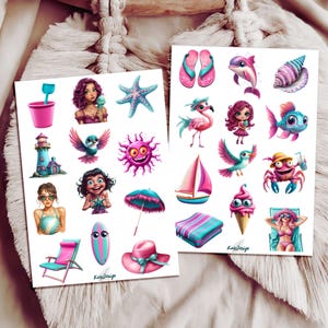 Set de pegatinas de vacaciones de verano en rosa y turquesa