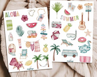 Puede incluir: Dos ilustraciones en acuarela con elementos de temática veraniega. Una presenta la palabra "Aloha" y artículos de playa. La otra dice "Summer" con una guitarra, piña y otros artículos de vacaciones. Ambas tienen un ambiente ligero y aireado.