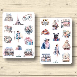 Sticker Set Weihnachten in Paris Weihnachtsmann Café Bistro Eiffelturm Frau, Aufkleber Planner Stickers, cute Scrapbooking Stickers