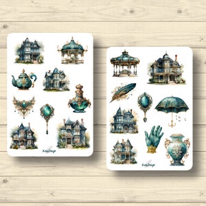 Sticker Set viktorianisch petrol vintage Häuser Schmuck Pavillons Geschirr Vase, Aufkleber Planner Stickers, cute Scrapbooking Stickers
