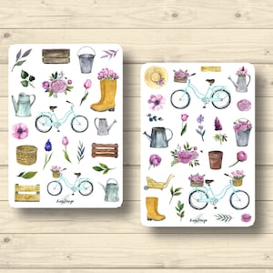 Sticker Set, Frühling, Fahrräder, Blumen, Pfingstrosen, pink, Garten Aufkleber Planner Stickers, cute Scrapbooking Stickers