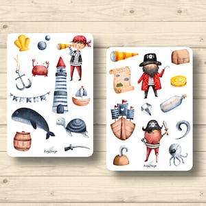 Set di adesivi, piccoli pirati, balena, faro, mappa del tesoro, adesivi per pianificatore di adesivi, simpatici adesivi per scrapbooking
