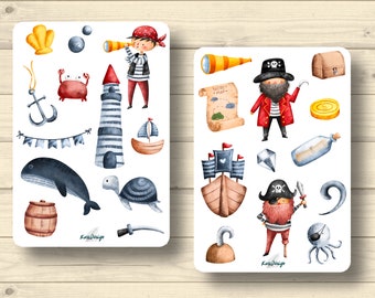 Sticker Set, kleine Piraten, Wal, Leuchtturm, Schatzkarte, Aufkleber Planner Stickers, cute Scrapbooking Stickers