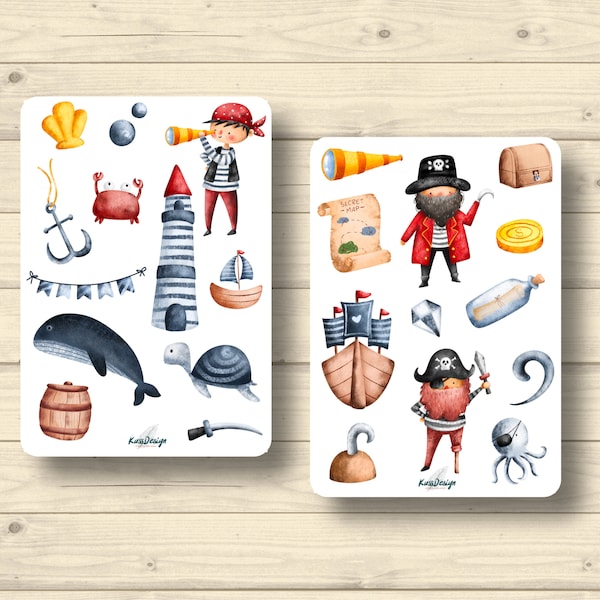 Ensemble d'autocollants, petits pirates, baleine, phare, carte au trésor, autocollants Planner Stickers, autocollants de scrapbooking mignons