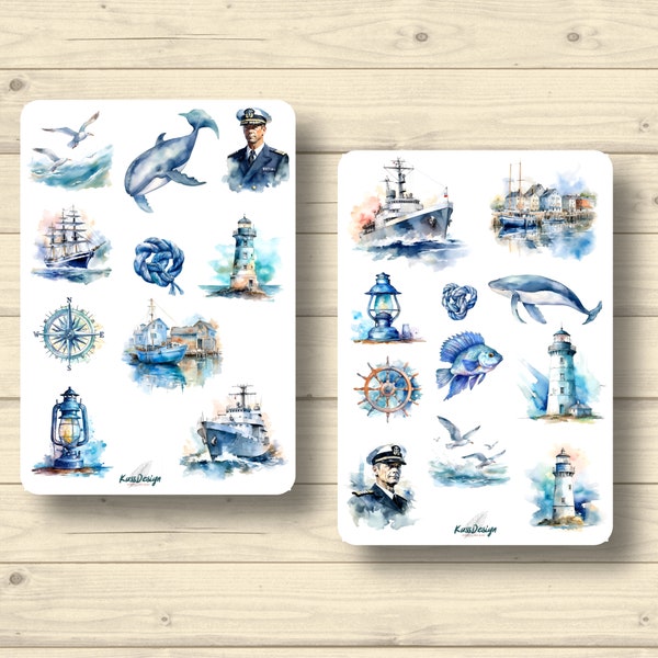 Sticker Set maritim Seefahrer Seereise Kapitän Steuerrad Kompass Weltreise Aufkleber Planner Stickers, Scrapbook Stickers