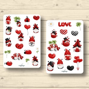 Set de pegatinas mariquitas gnomos aman la suerte corazones tréboles, pegatinas planificador pegatinas, lindas pegatinas scrapbooking