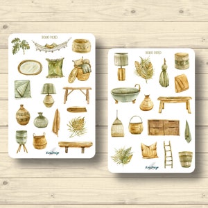 Sticker Set boho Deko Wohnung Natur Holz Leinen Baumwolle Körbe Aufkleber Planner Stickers, Scrapbook Stickers