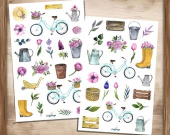 Vintage Garden Sticker Set – Bicycle, Watering Can, Flowers, Wellington Boots, Cottage Garden, Spring Garden Planner Stickers (Pastel)