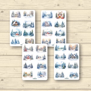 Sticker Set Winterwald mit Schnee, Häusern und Pavillons