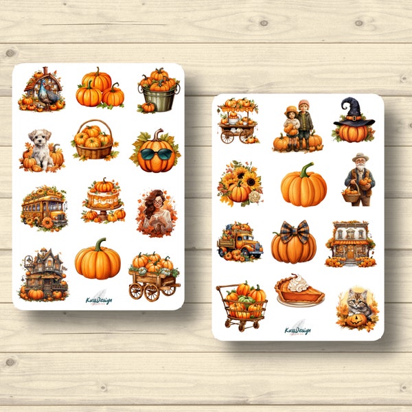 Sticker Set Kürbisse Herbst vintage Kinder Hund Frau Halloween Kürbis Kürbisernte, Aufkleber Planner Stickers, cute Scrapbooking Stickers