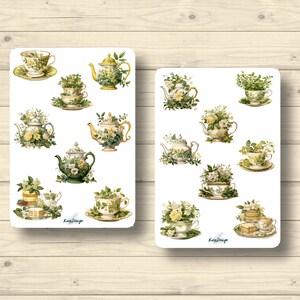 Sticker Set Teetassen und Kannen mit Pflanzen Teepflanzen Teeblätter vintage, Aufkleber Planner Stickers, cute Scrapbooking Stickers