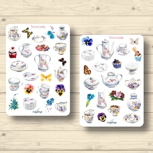 Sticker Set Teegeschirr Service Cupcakes Schmetterlinge Blüten Kuchen Aufkleber Planner Stickers, cute Scrapbooking Stickers