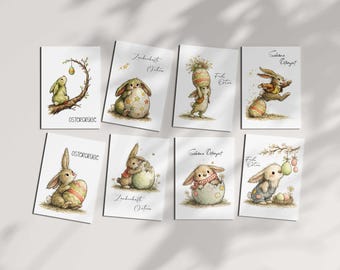 Easter card set, 8 pieces, with rabbit motifs, A6 postcards on 300g matte paper, Easter greeting cards, fine art print