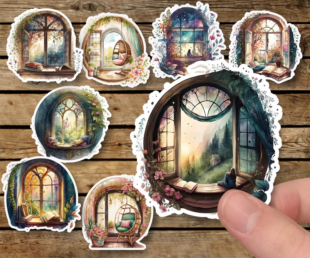 Sticker Set of 8, Window and Books, Stickers, Vinyl, Paper, Planner ...