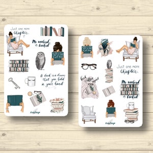 Sticker Set Bücherliebe lesen Mädchen liest Hobby zu Hause, Aufkleber Planner Stickers, cute Scrapbooking Stickers