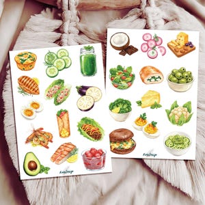 Conjunto de pegatinas de comida saludable y baja en carbohidratos.