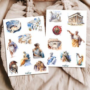 Könnte beinhalten: Zwei Bögen Aquarell-Aufkleber mit griechischen und römischen Bildern. Die Aufkleber zeigen antike Architektur, Figuren in Togas, einen Schild, eine Harfe und den Text "KeraDesign". Die Aufkleber sind in Blau-, Beige- und Brauntönen gehalten.