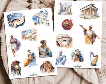 Greece Sticker Set – 2 sheets with watercolor depictions of antiquity, Santorini, Acropolis, temples, statues & mythology