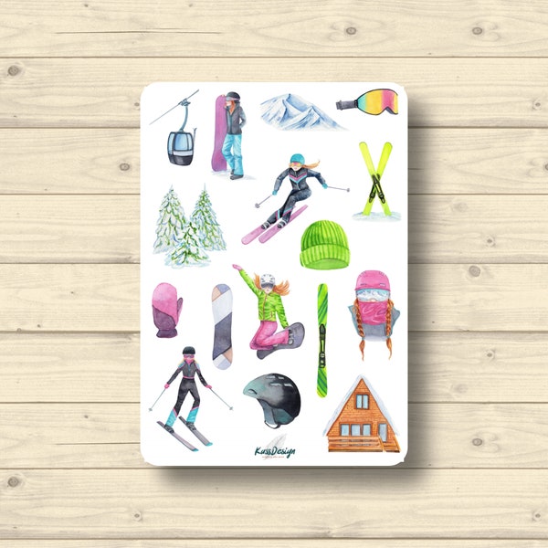 Sticker Blatt Skifahren Snowboard Winter Urlaub Schnee Weihnachten, Aufkleber Planner Stickers, Scrapbook Stickers