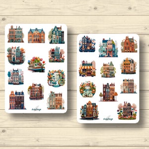 Conjunto de pegatinas, Ámsterdam, casas, edificios, pegatinas del planificador de pegatinas, lindas pegatinas de scrapbooking