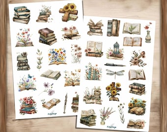 Sticker set books with flowers vintage