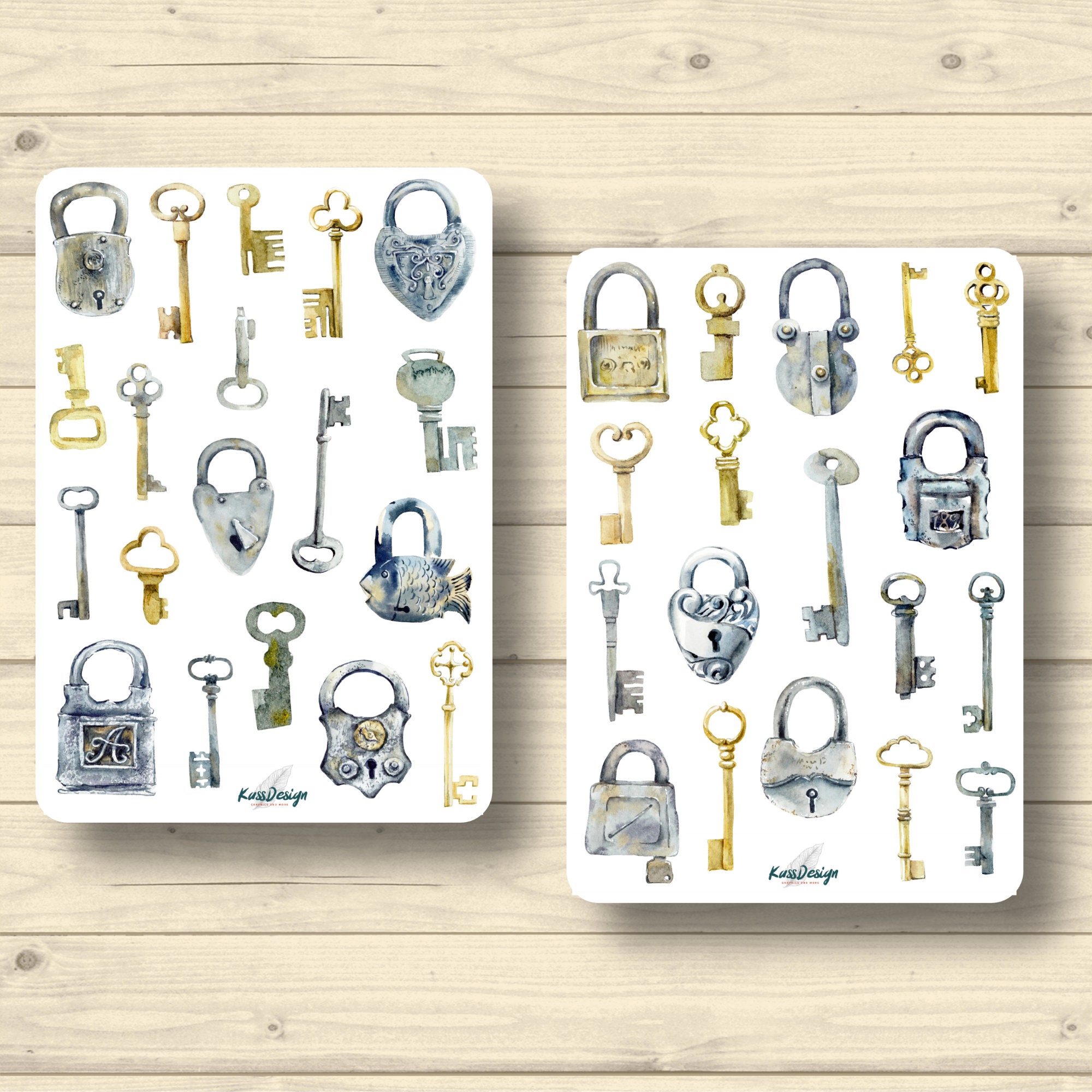 Sticker Set Keys Locks Padlock Vintage, Sticker Planner Stickers, cute Scrapbooking Stickers