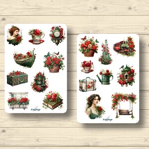 Ensemble d'autocollants roses rouges fleurs vintage plantes horloge valise gondole, autocollants planificateur autocollants, autocollants scrapbooking mignons