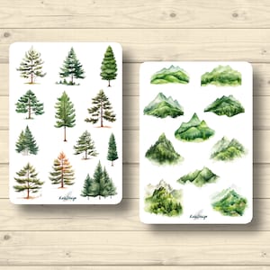 Set di adesivi alberi montagne pini ghiacciai foreste conifere, adesivi pianificatore, simpatici adesivi per scrapbooking