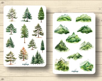 May include: Two sheets of stickers featuring watercolor illustrations of trees and mountains. The first sheet has 14 different trees, while the second sheet has 9 different mountain ranges. Both sheets have the text "Kuss Design" in the bottom right corner.
