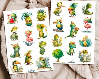 Tropical Animals Sticker Set – 2 sheets with watercolor jungle motifs, toucan, parrot, flamingo, gecko & turtle