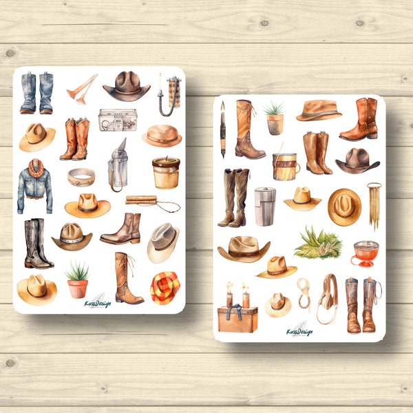 Sticker Set Cowboy Stiefel Western Texas Cowboyhut Westernzubehör Lasso Aufkleber Planner Stickers, Scrapbook Stickers