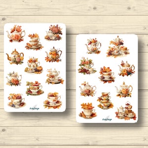 Sticker Set Tee Geschirr Herbstblätter Weintrauben Tassen Teekannen, Aufkleber Planner Stickers, cute Scrapbooking Stickers